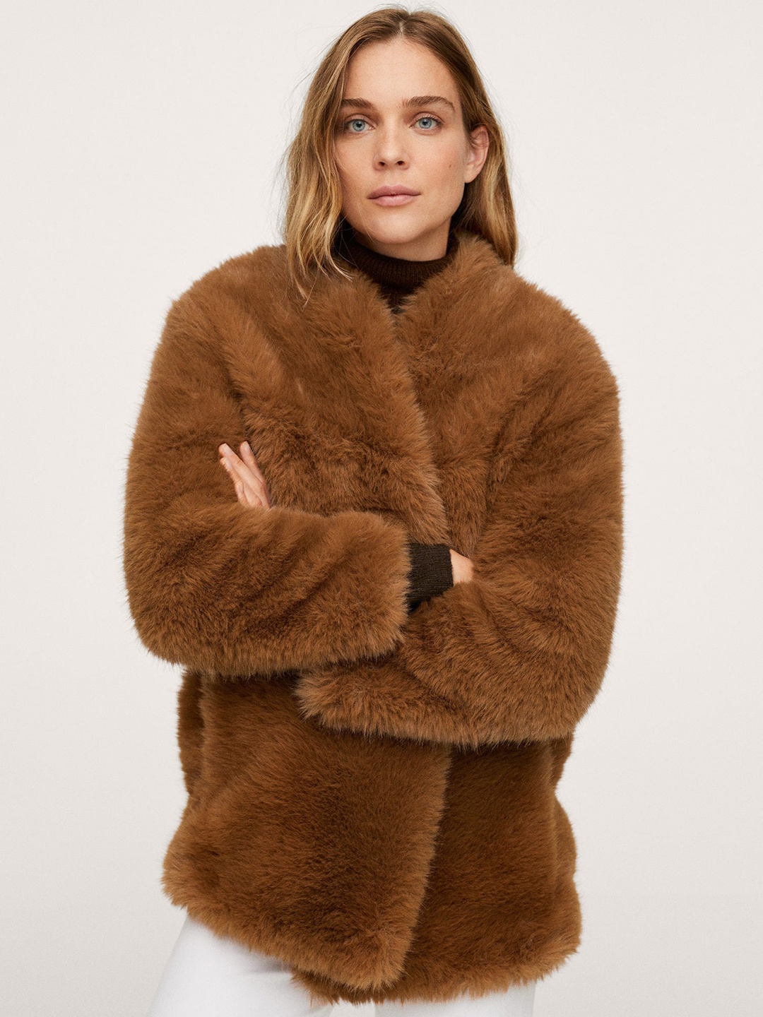 

MANGO Women Brown BRILLI Open Front Hip Length Overcoat