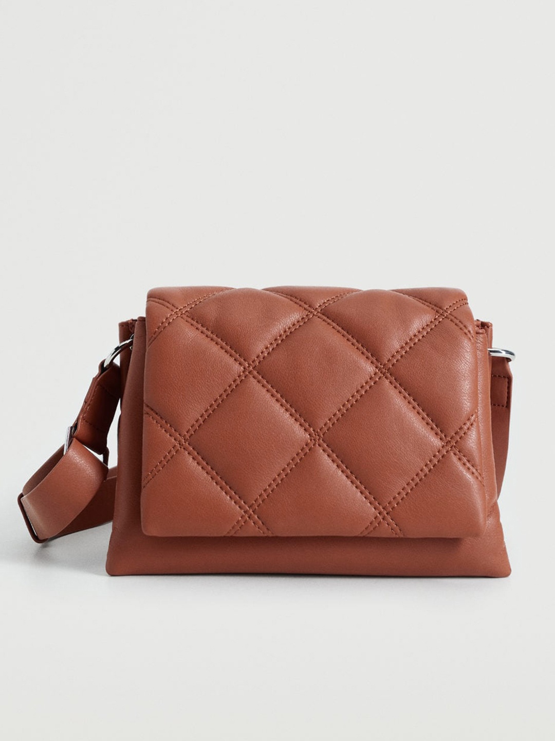 

MANGO Women Rust Orange Quilted Structured Sling Bag
