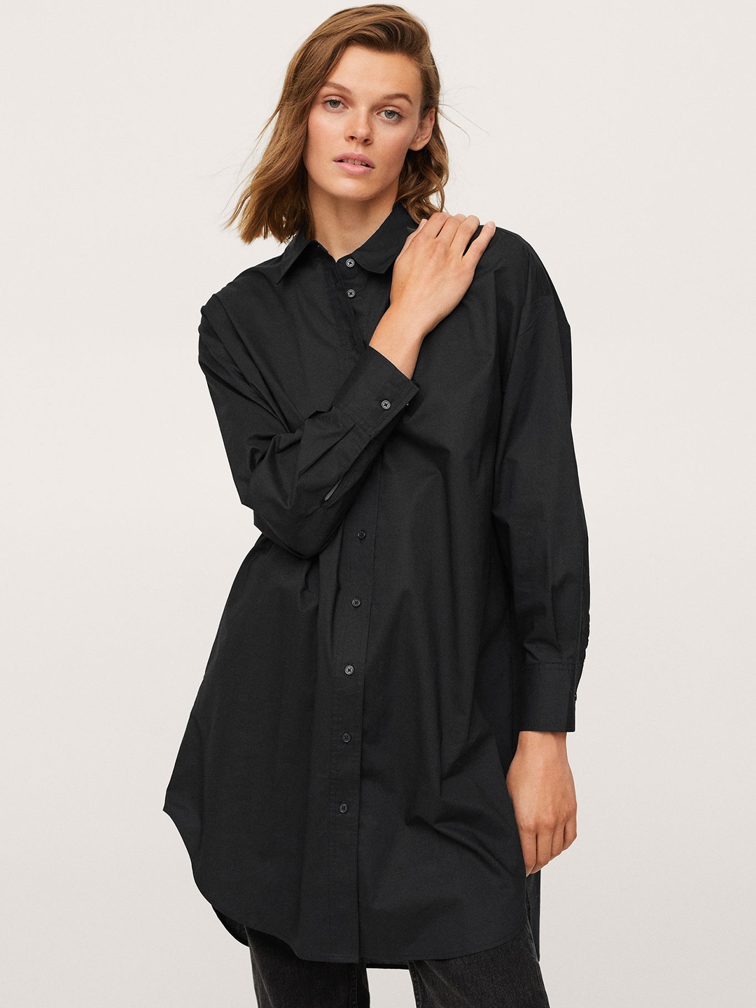 

MANGO Women Black Solid Longline Pure Cotton Casual Shirt