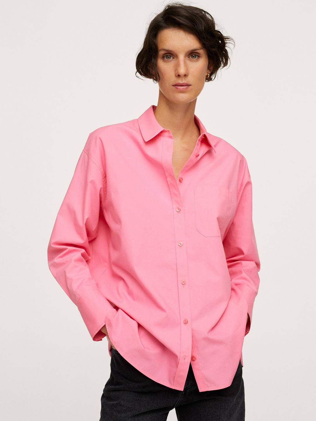

MANGO Women Pink Pure Cotton Oversized Solid Casual Shirt