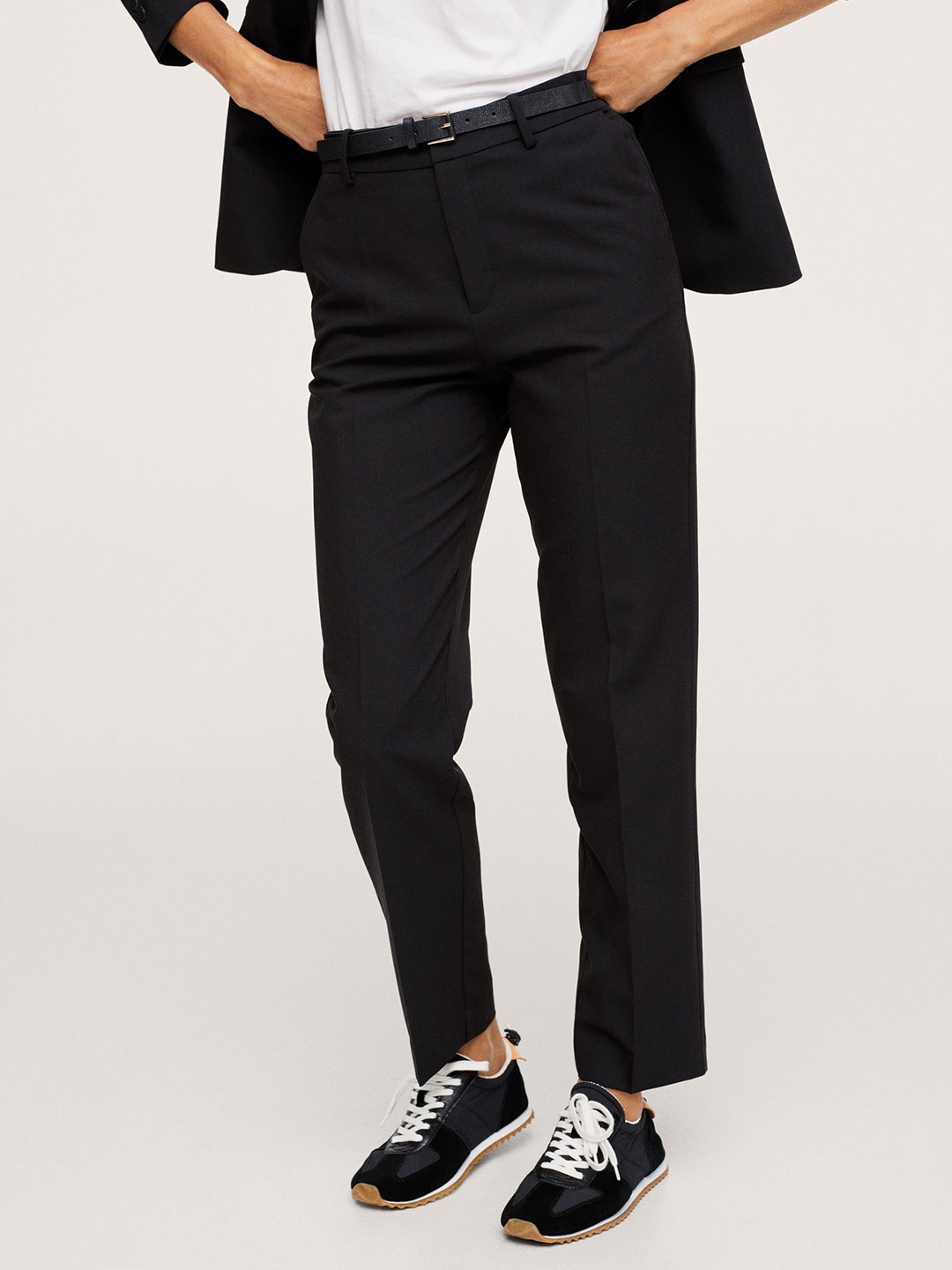 

MANGO Women Black Solid Formal Trousers with Belt