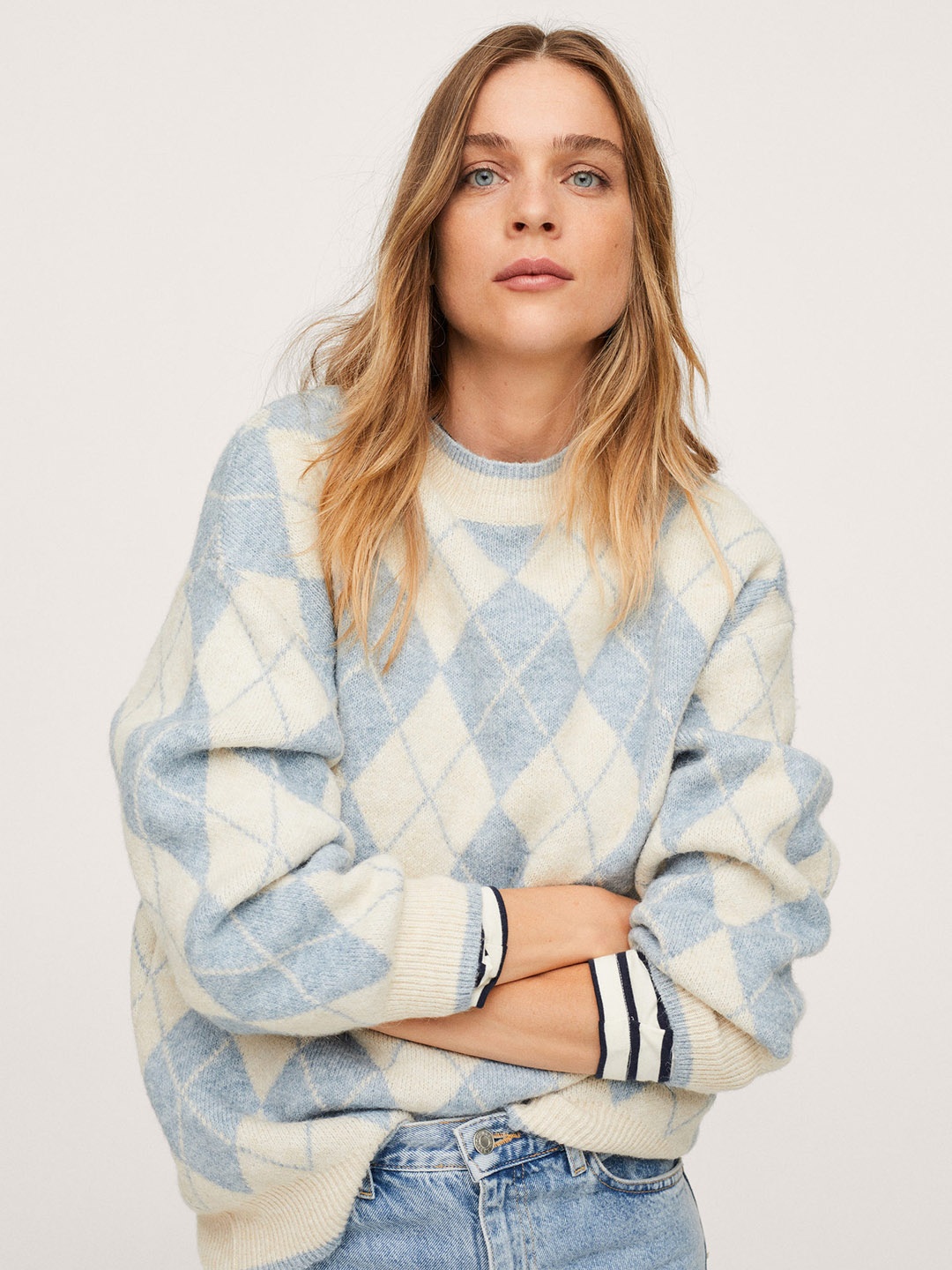 

MANGO Women Off White & Blue Argyle Patterned Pullover