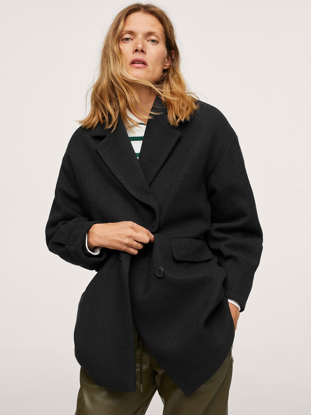

MANGO Women Black Solid Overcoat