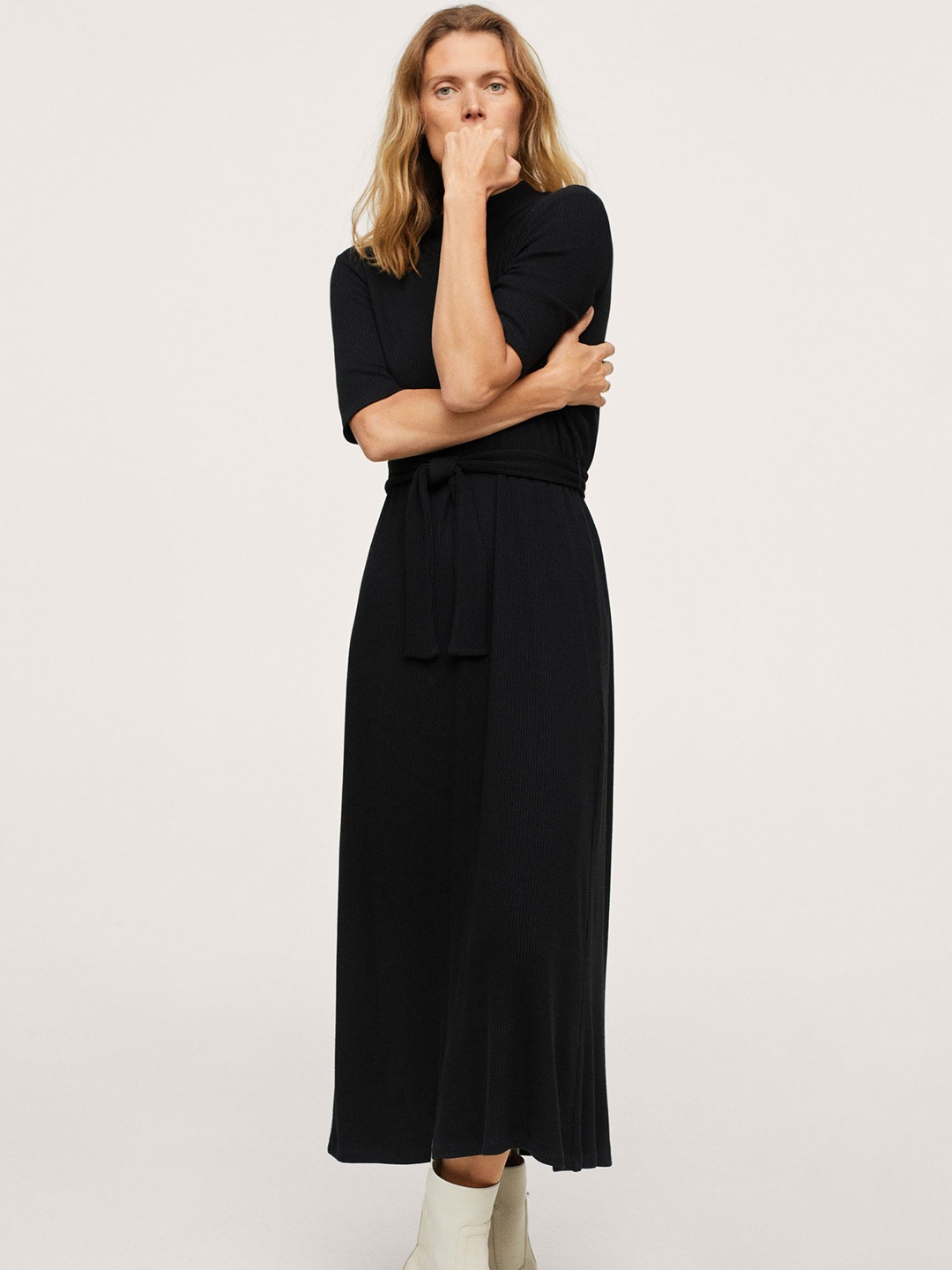 

MANGO Women Black Ribbed A-Line Midi Dress