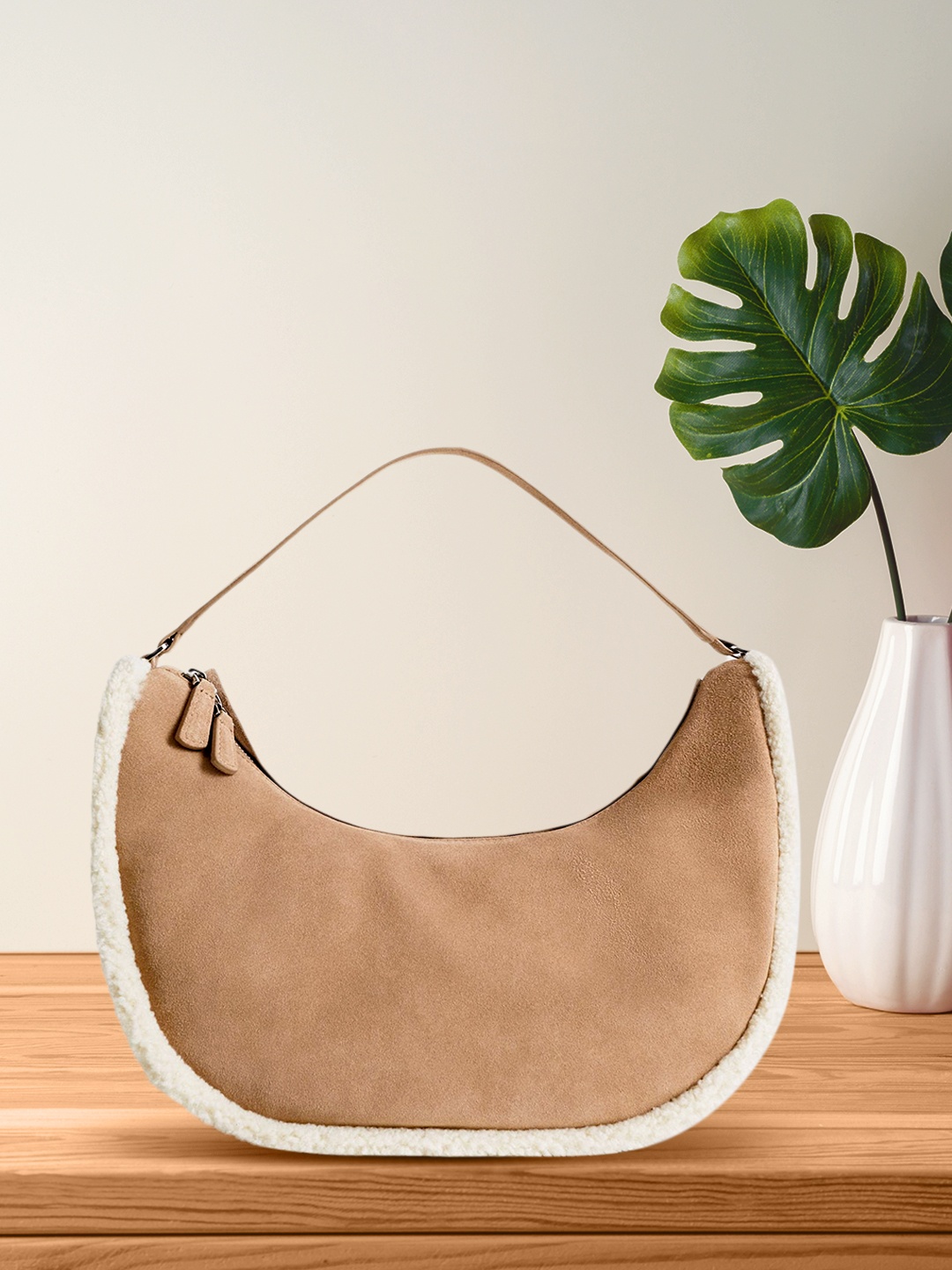 

MANGO Beige Solid Suede Finish Half Moon Shoulder Bag with Faux Fur Trim