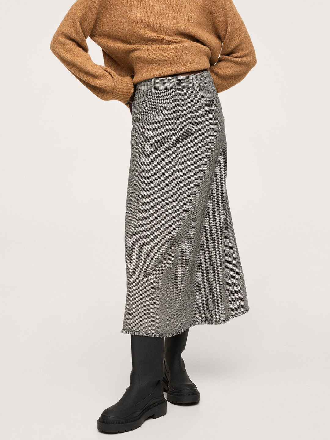 

MANGO Women White & Black Checked Woven Design A-Line Midi Skirt