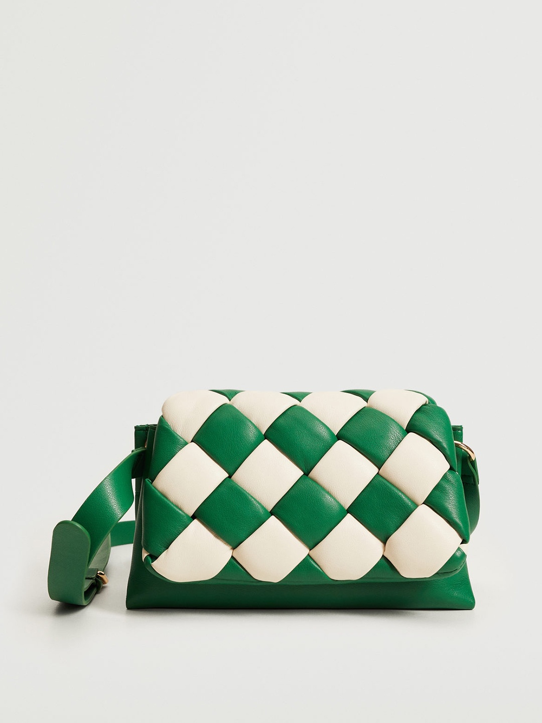 

MANGO Green & White Basketweave Textured PU Structured Small Sling Bag