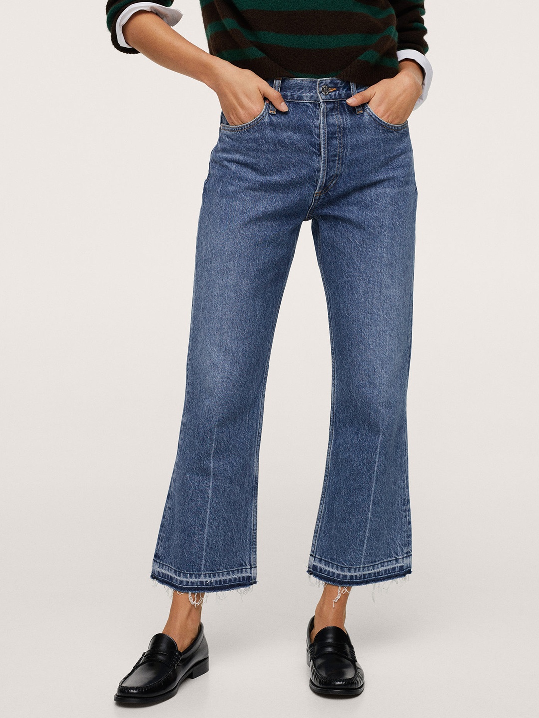 

MANGO Women Navy Blue Flared High-Rise Jeans