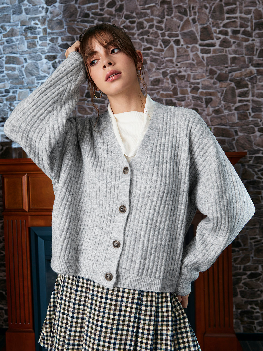 

MANGO Women Grey Melange Ribbed Cardigan