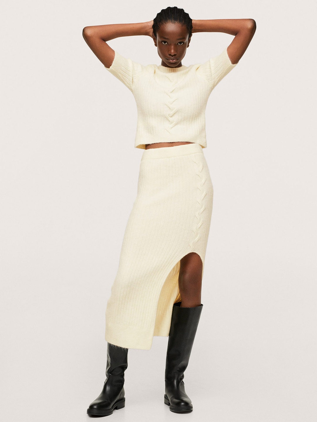 

MANGO Women Off White Ribbed Cable Knit Crop Pullover