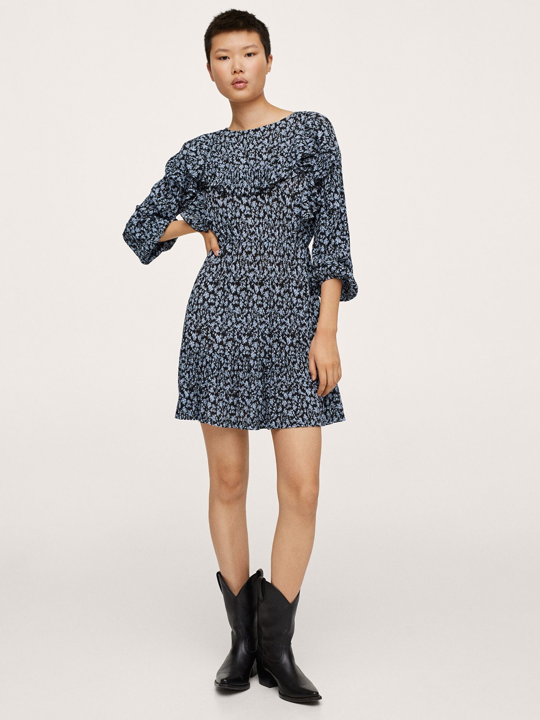 

MANGO Black & Blue Ruffled Floral Print A-Line Dress, Navy blue
