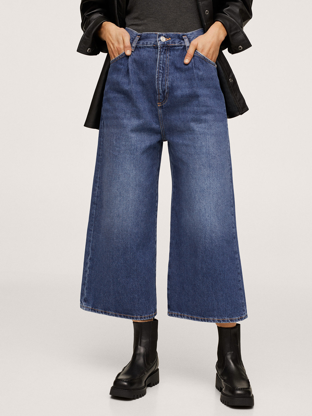 

MANGO Women Navy Blue Wide Leg Light Fade Jeans