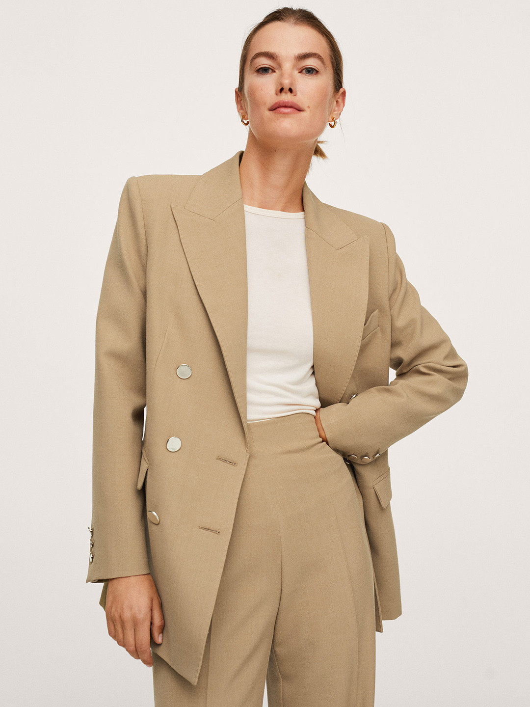 

MANGO Women Beige SARAH Regular-Fit Double-Breasted Formal Blazer