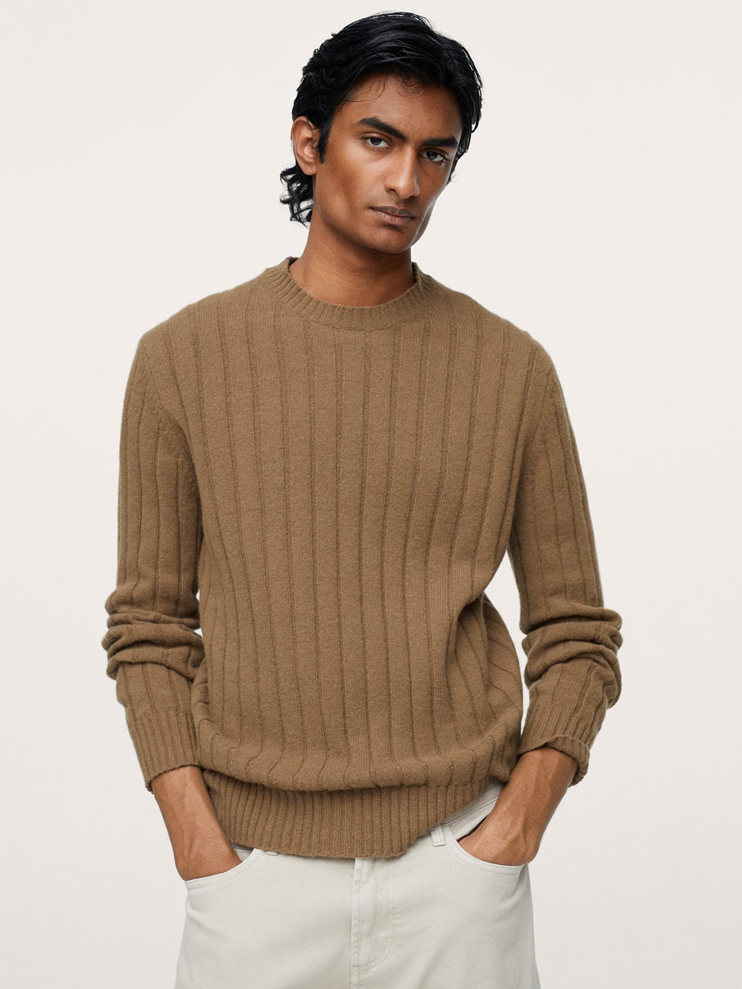 

MANGO MAN Brown Striped Cashmere Pullover