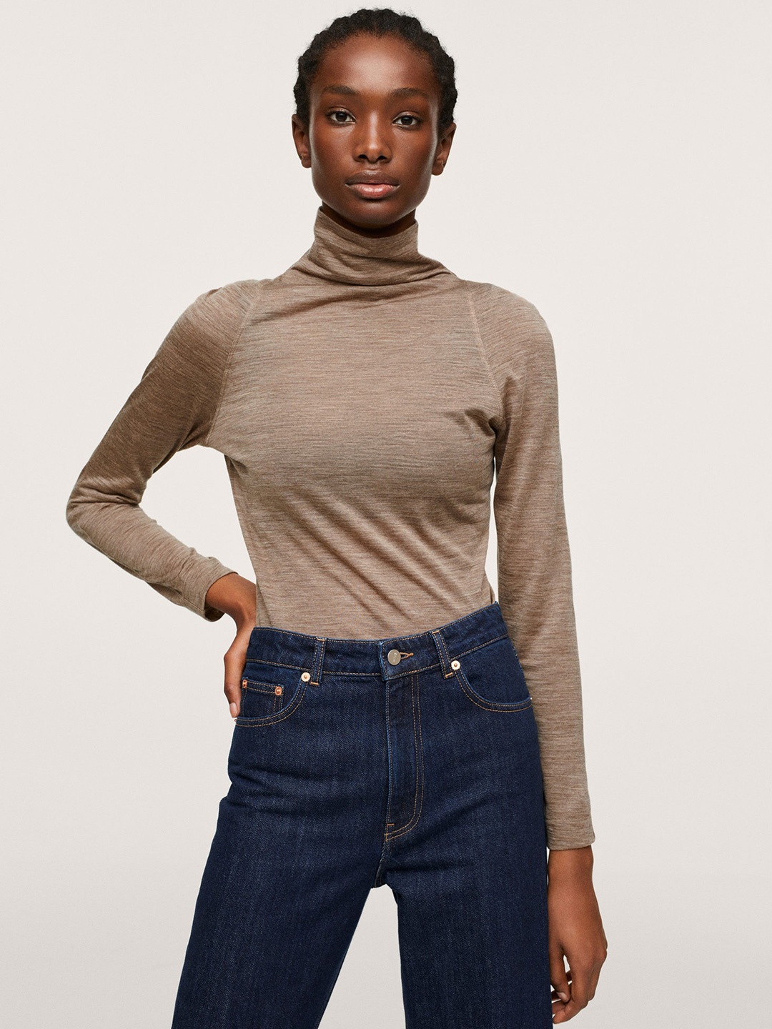 

MANGO Women Beige Solid Turtle Neck Regular Top