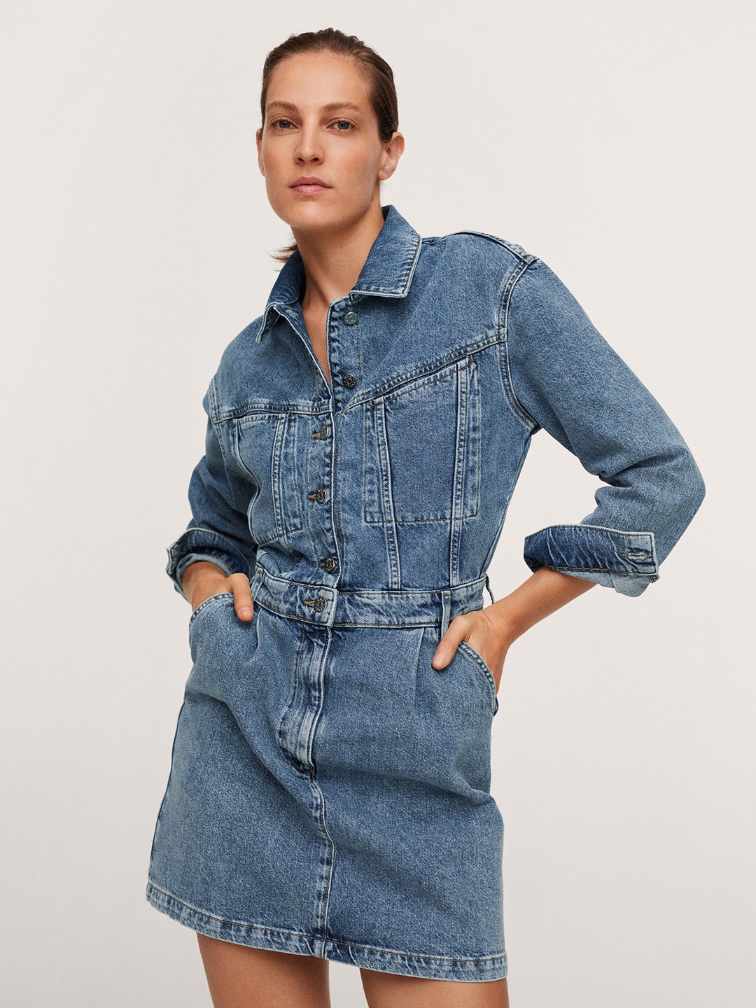

MANGO Women Blue Solid Denim Shirt Dress