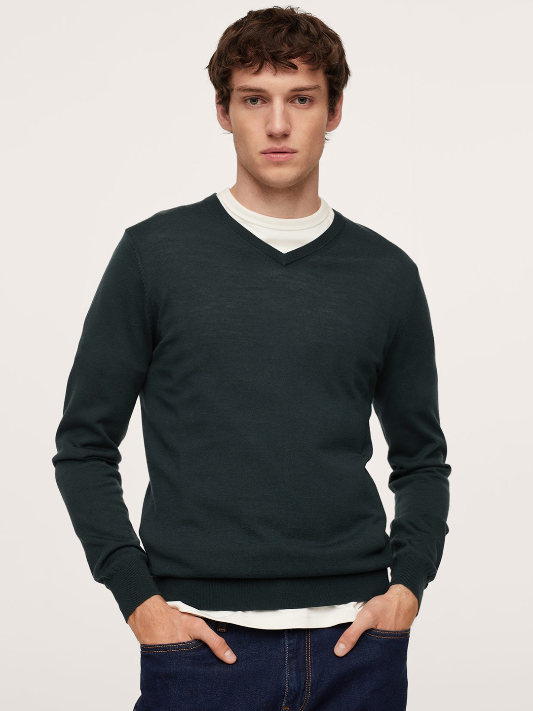 

MANGO MAN Green Solid Merino Wool Pullover