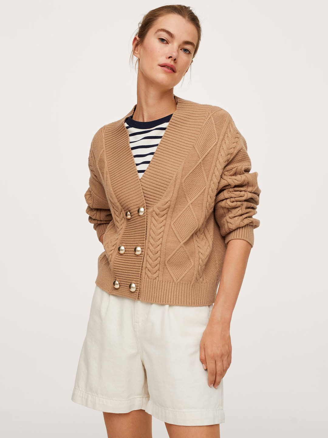 

MANGO Women Beige Cable Knit Cardigan