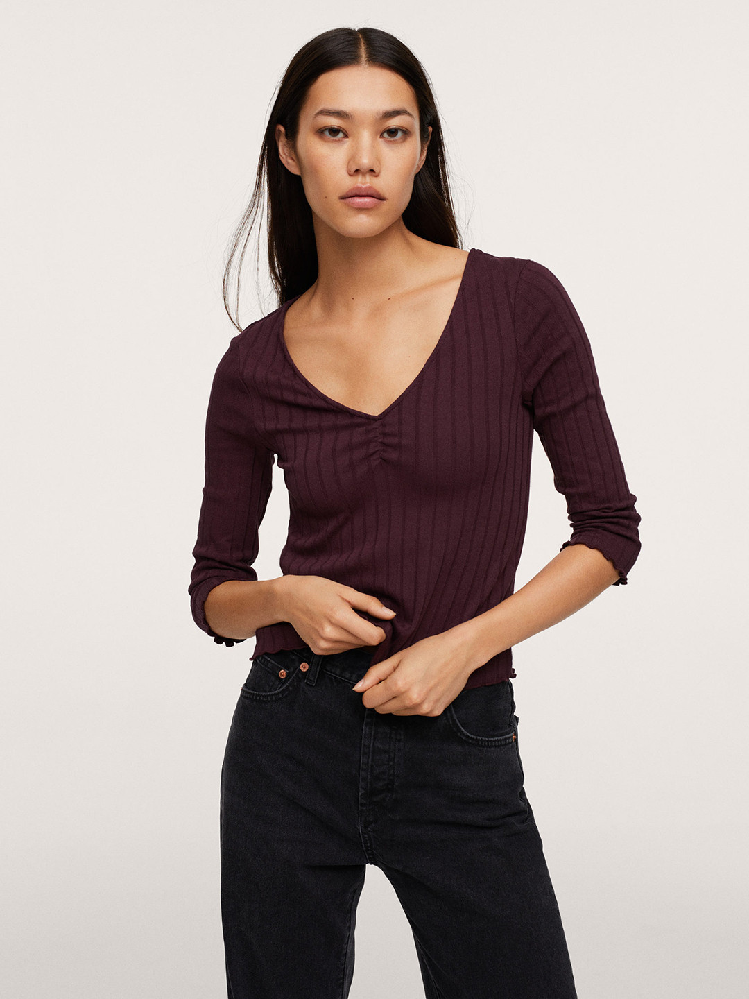 

MANGO Burgundy Self Striped Top