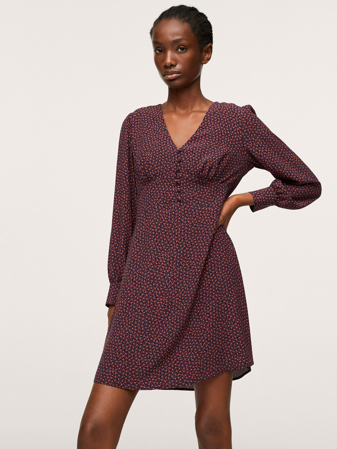 

MANGO Women Black & Red Floral Puffed Sleeves A-Line Dress