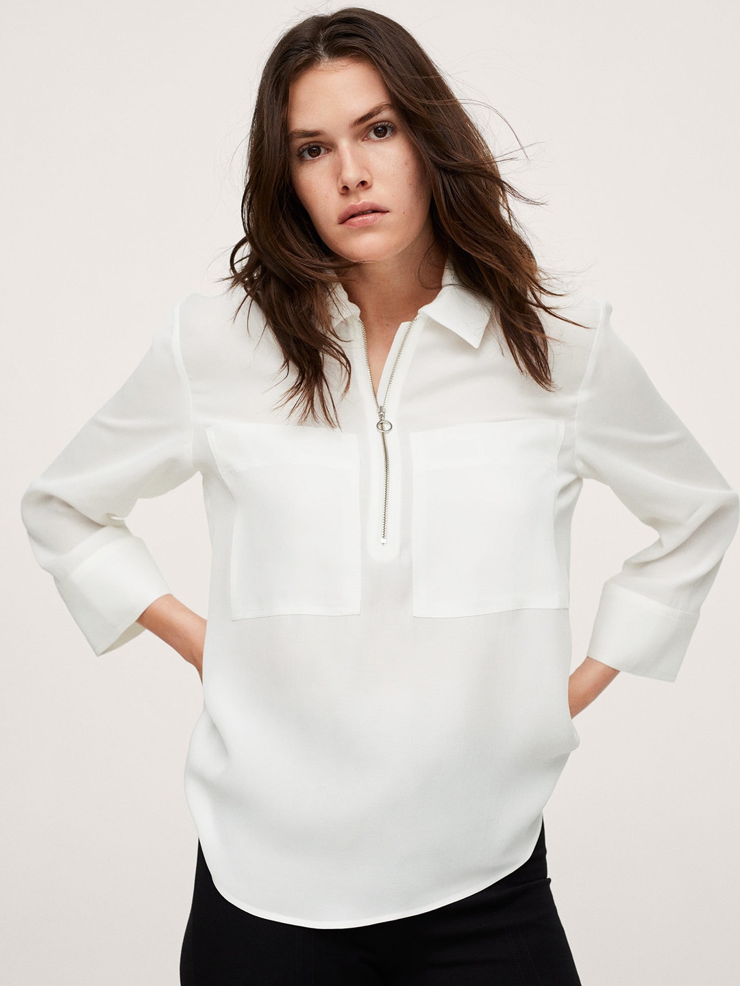 

MANGO White Solid Shirt Style Top