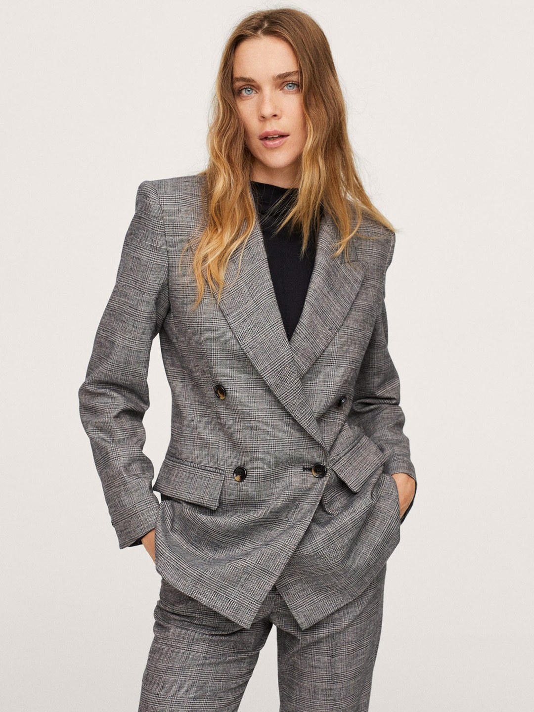 

MANGO Women Grey Checked MARTA Regular-Fit Double-Breasted Formal Blazer