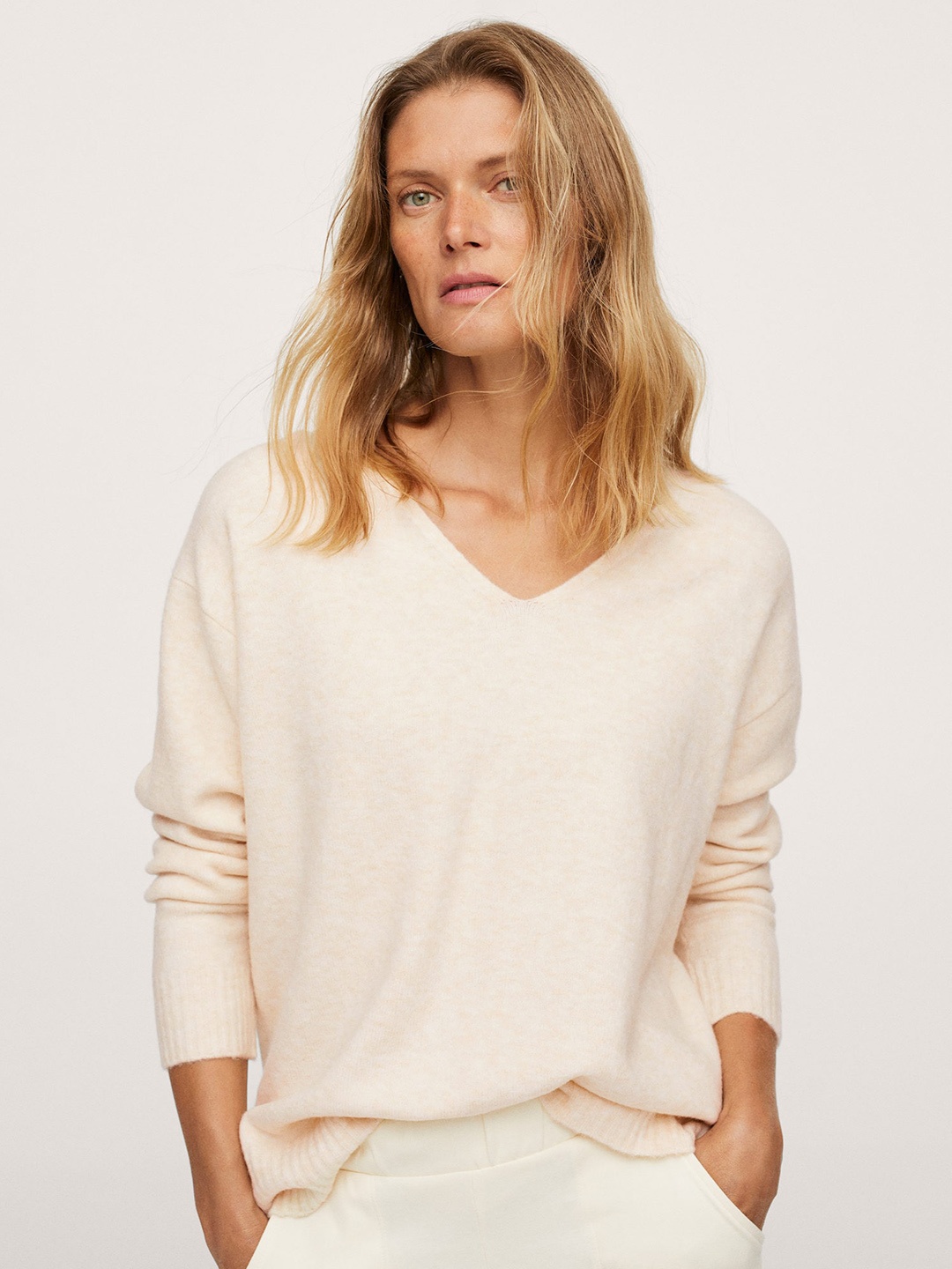 

MANGO Women Peach-Coloured Solid Pullover Sweater