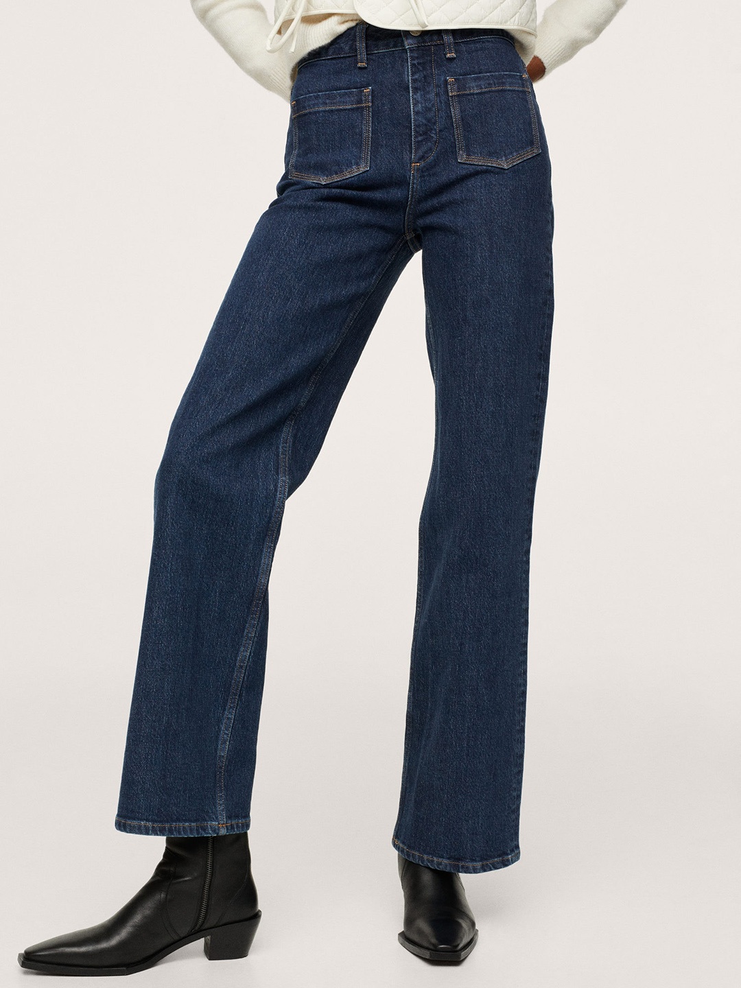 

MANGO Women Navy Blue Solid High-Rise Wide Leg Jeans
