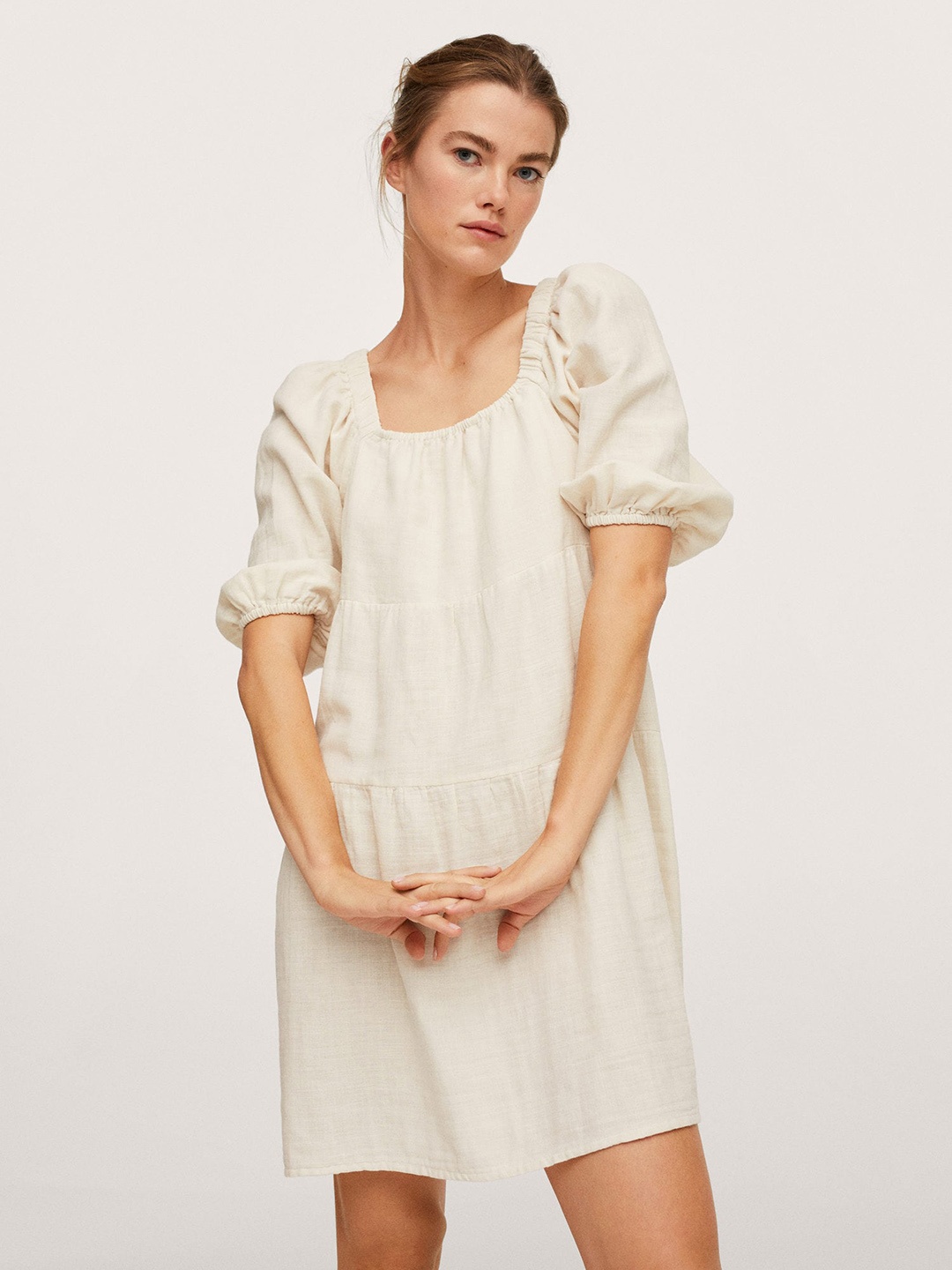 

MANGO Women Off White Solid A-Line Dress
