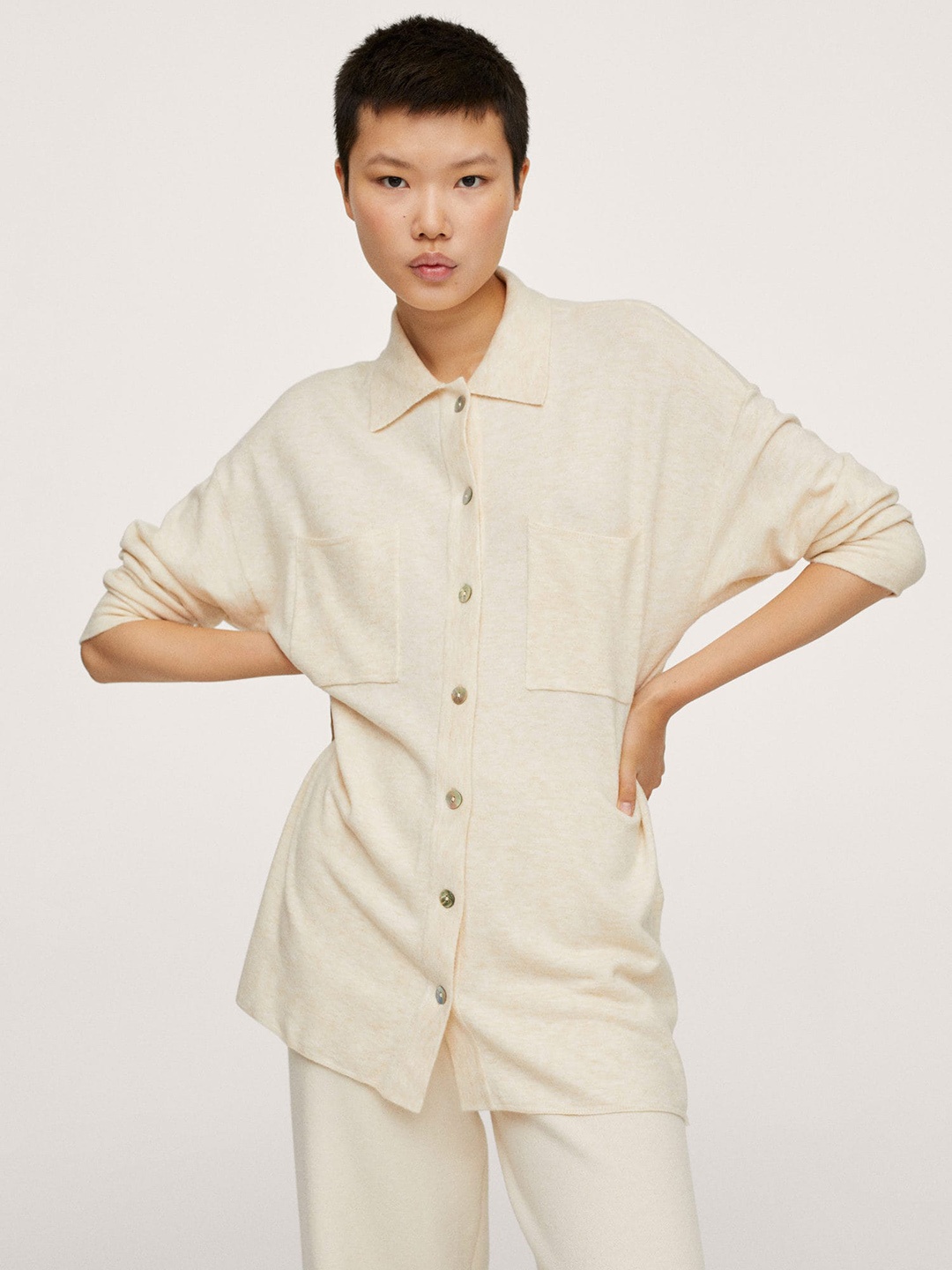 

MANGO Women Off White Solid Shirt Style Cardigan