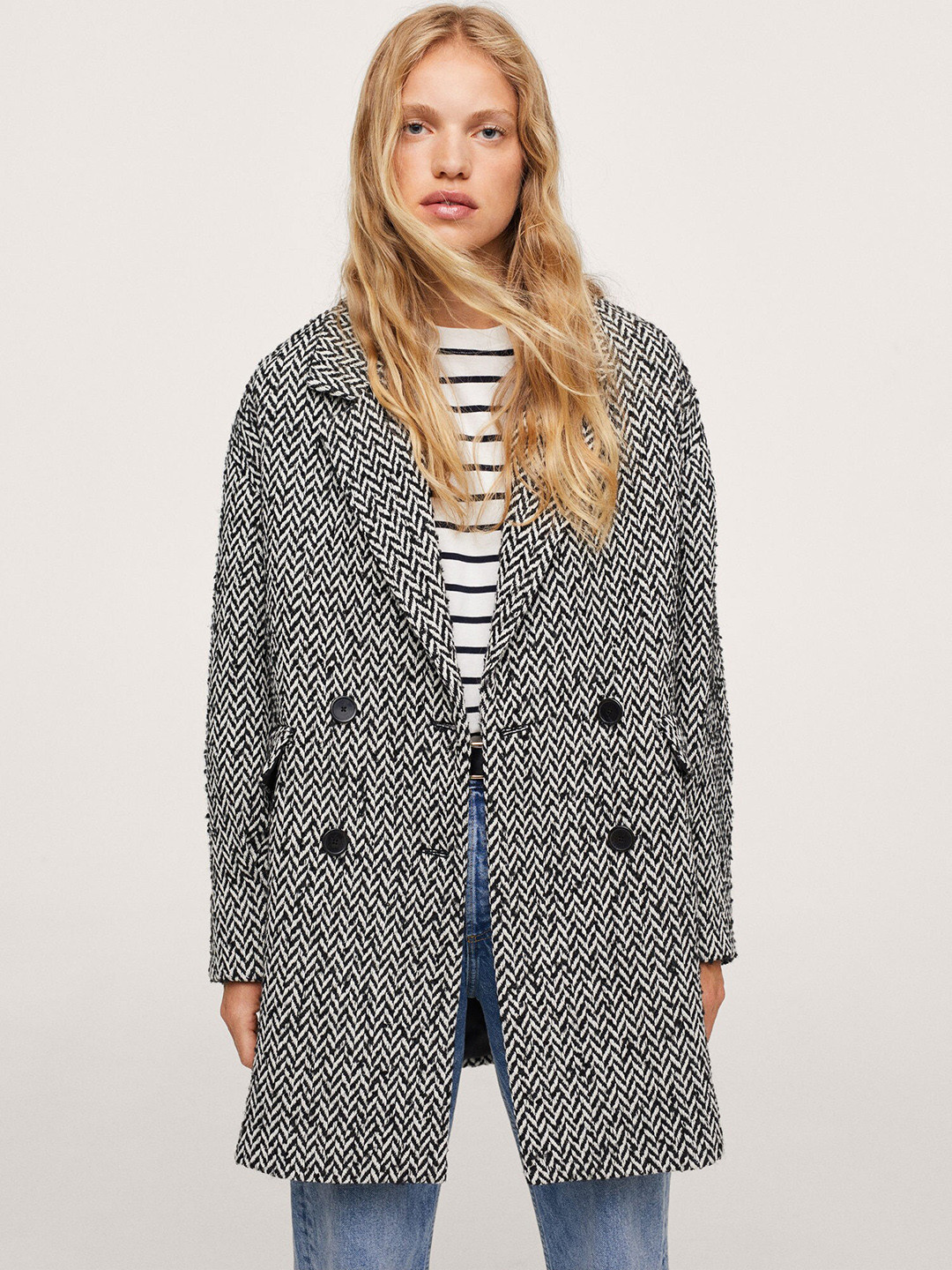 

MANGO Women Grey & Black Self-Design WILLY Regular Fit Longline Overcoat