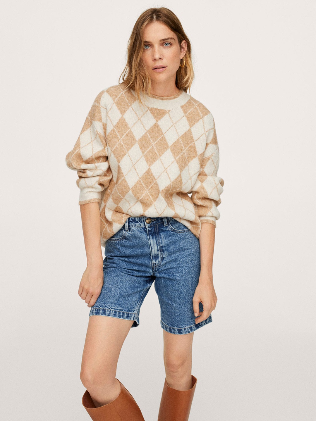 

MANGO Women Beige & Off White Argyle Patterned Pullover