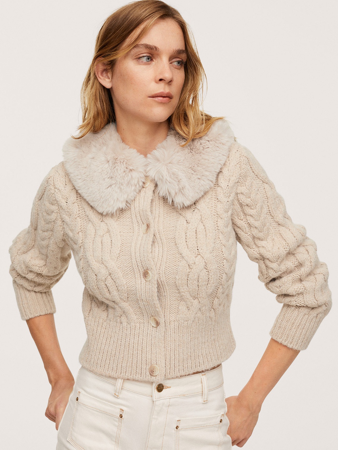 

MANGO Women Beige Cable Knit Cardigan With Detachable Faux Fur Collar