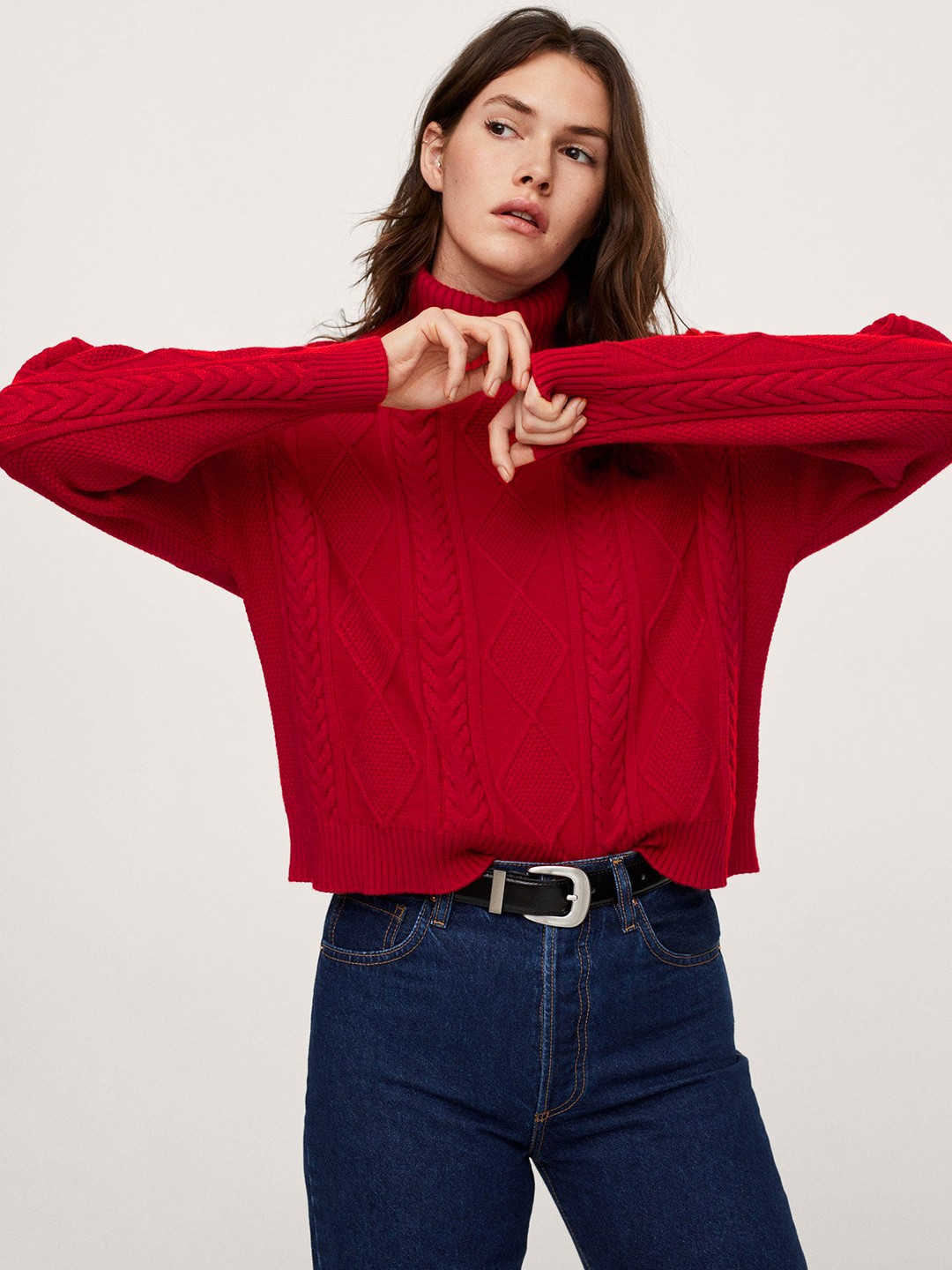 

MANGO Women Red Cable Knit Pullover Sweater