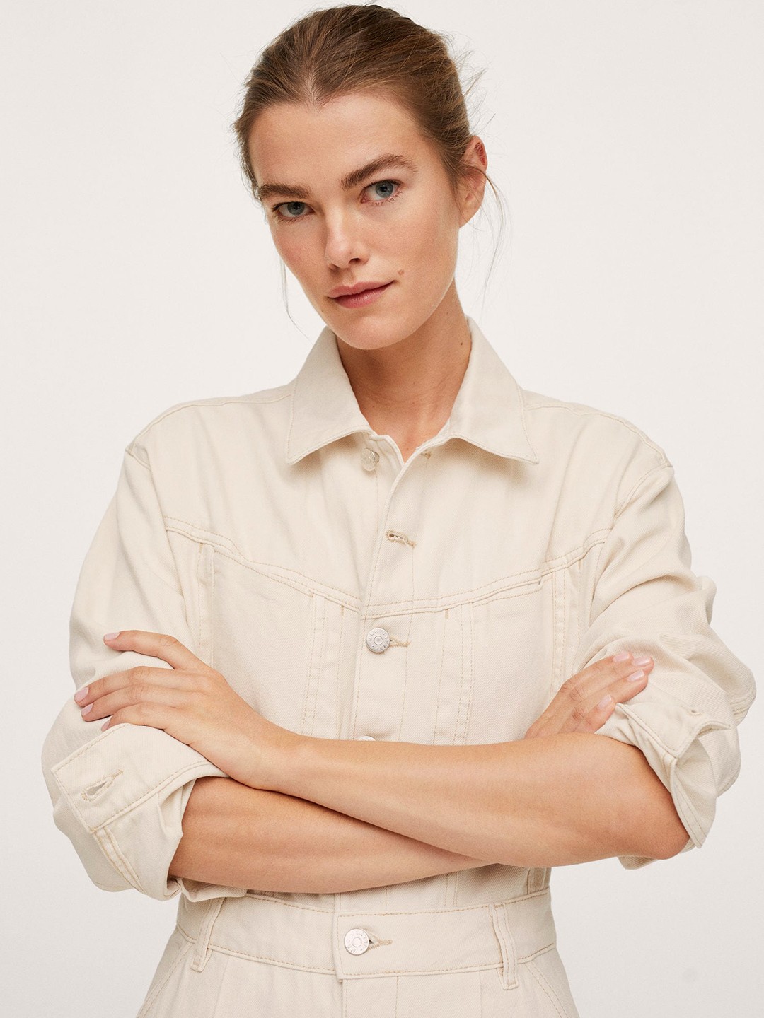 

MANGO Cream-Coloured Pure Cotton Solid Denim Basic Jumpsuit