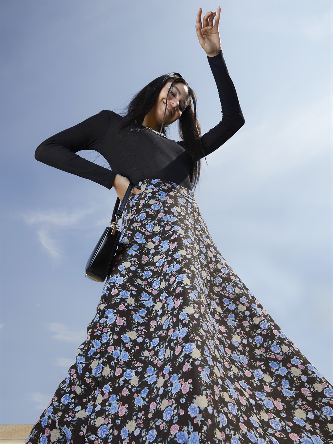 

MANGO Women Black & Blue Floral Print A-line Midi Skirt