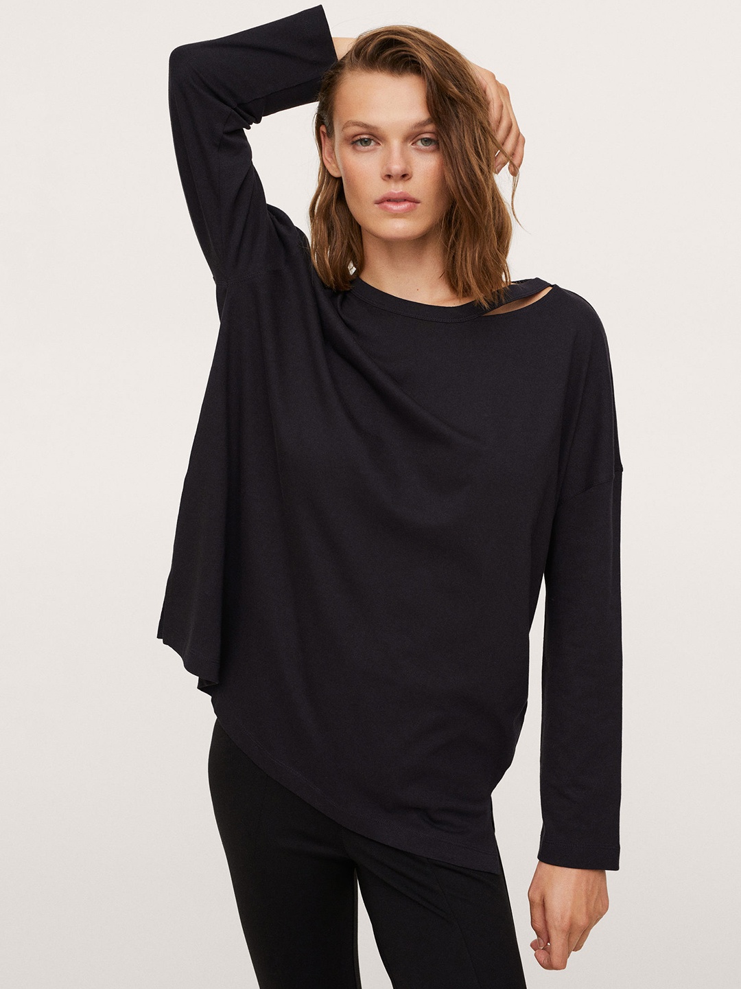 

MANGO Women Black Solid Pure Cotton Drop-Shoulder Sleeves Cut Outs T-shirt