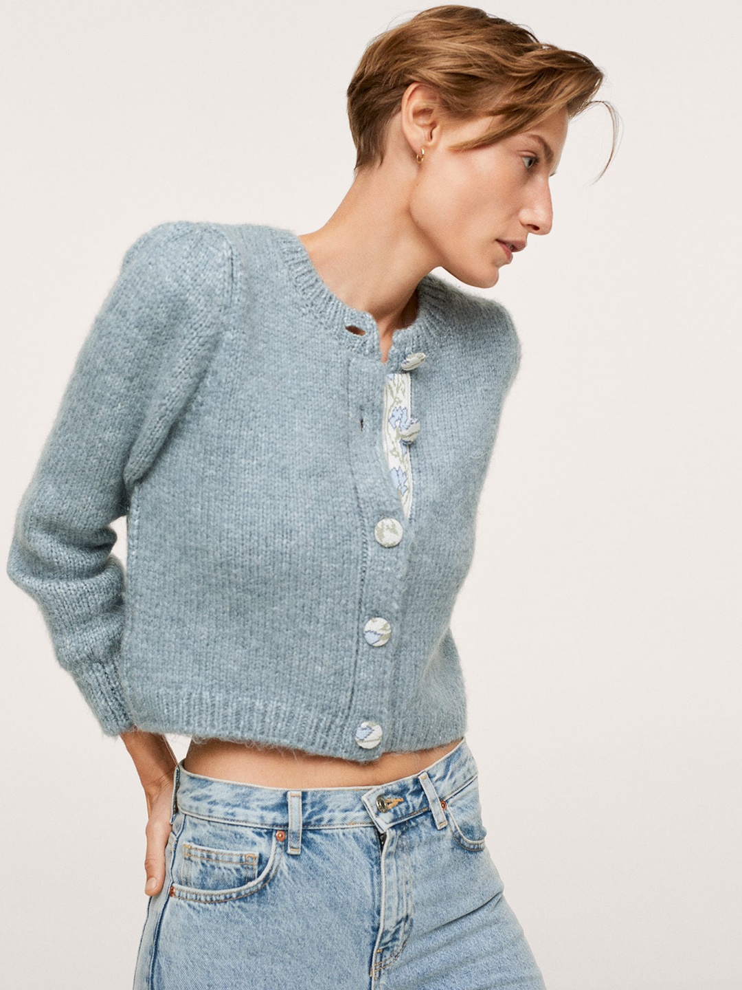 

MANGO Women Blue Solid Contrasting Placket Chunky Knit Cardigan