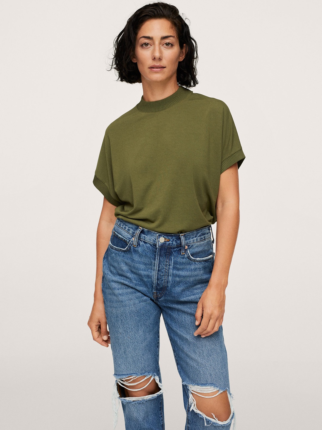

MANGO Women Olive Green Solid Extended Sleeves T-shirt