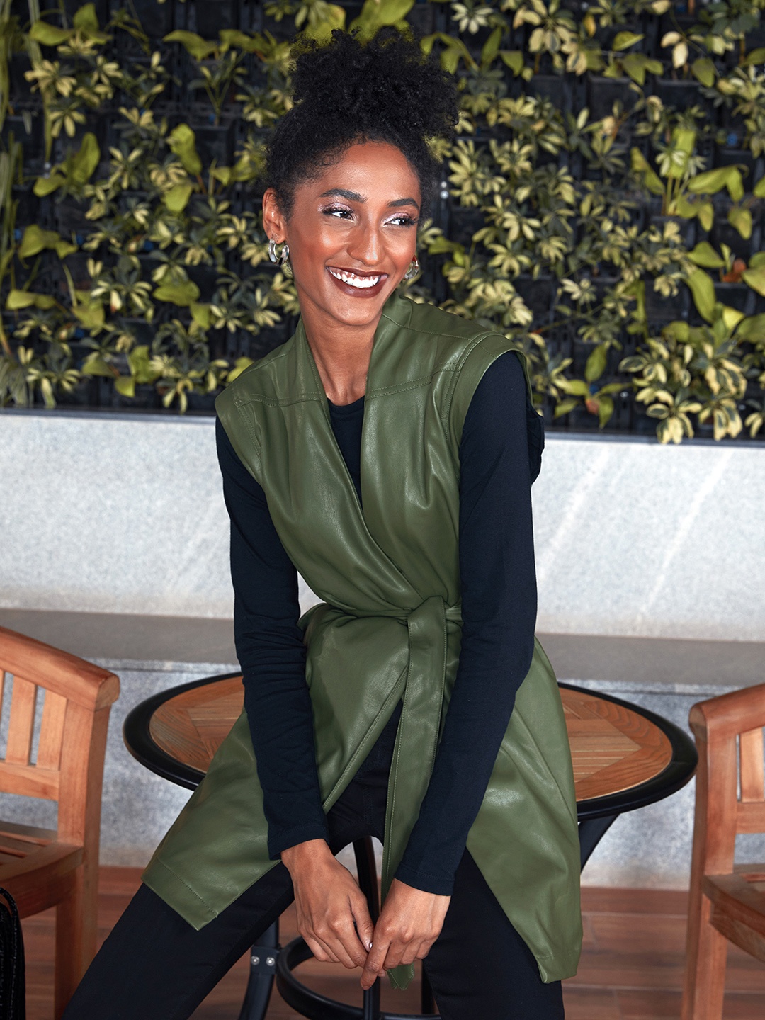 

MANGO Women Olive Green Gilet Jacket with Belt