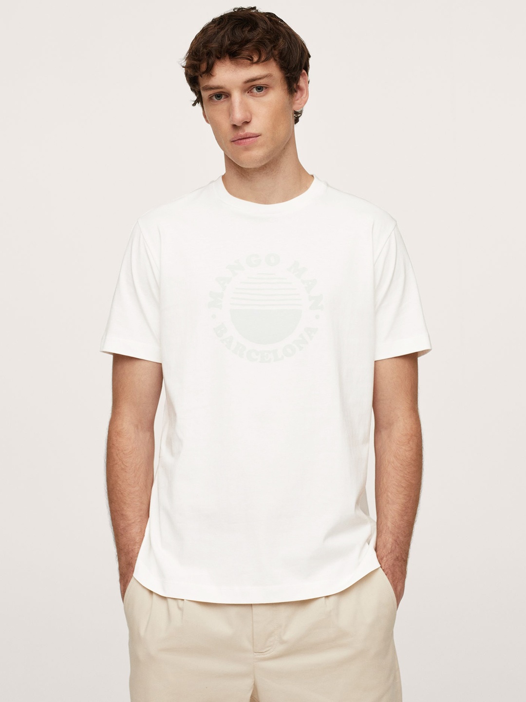 

MANGO MAN Men Off White Brand Logo Printed Pure Cotton T-shirt