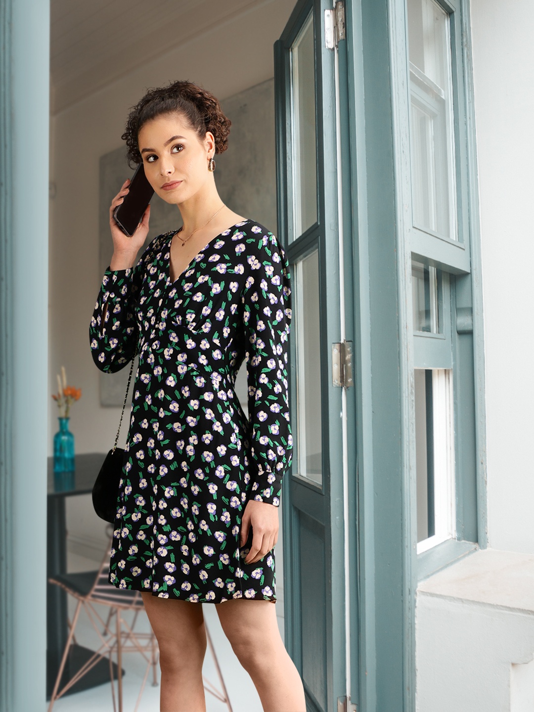 

MANGO Black & White Floral A-Line Dress
