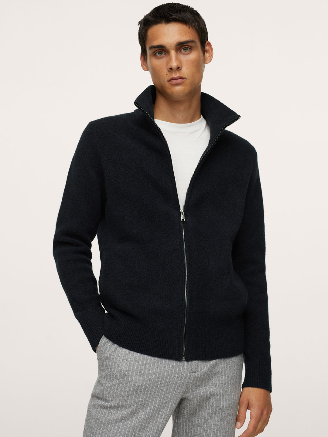 

MANGO MAN Men Navy Blue Solid Mock-Collar Cardigan Sweater
