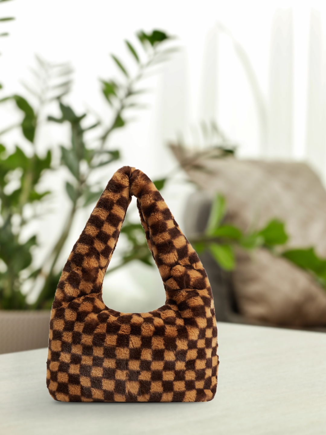 

MANGO Beige & Coffee Brown Faux Fur Checked Structured Hobo Bag