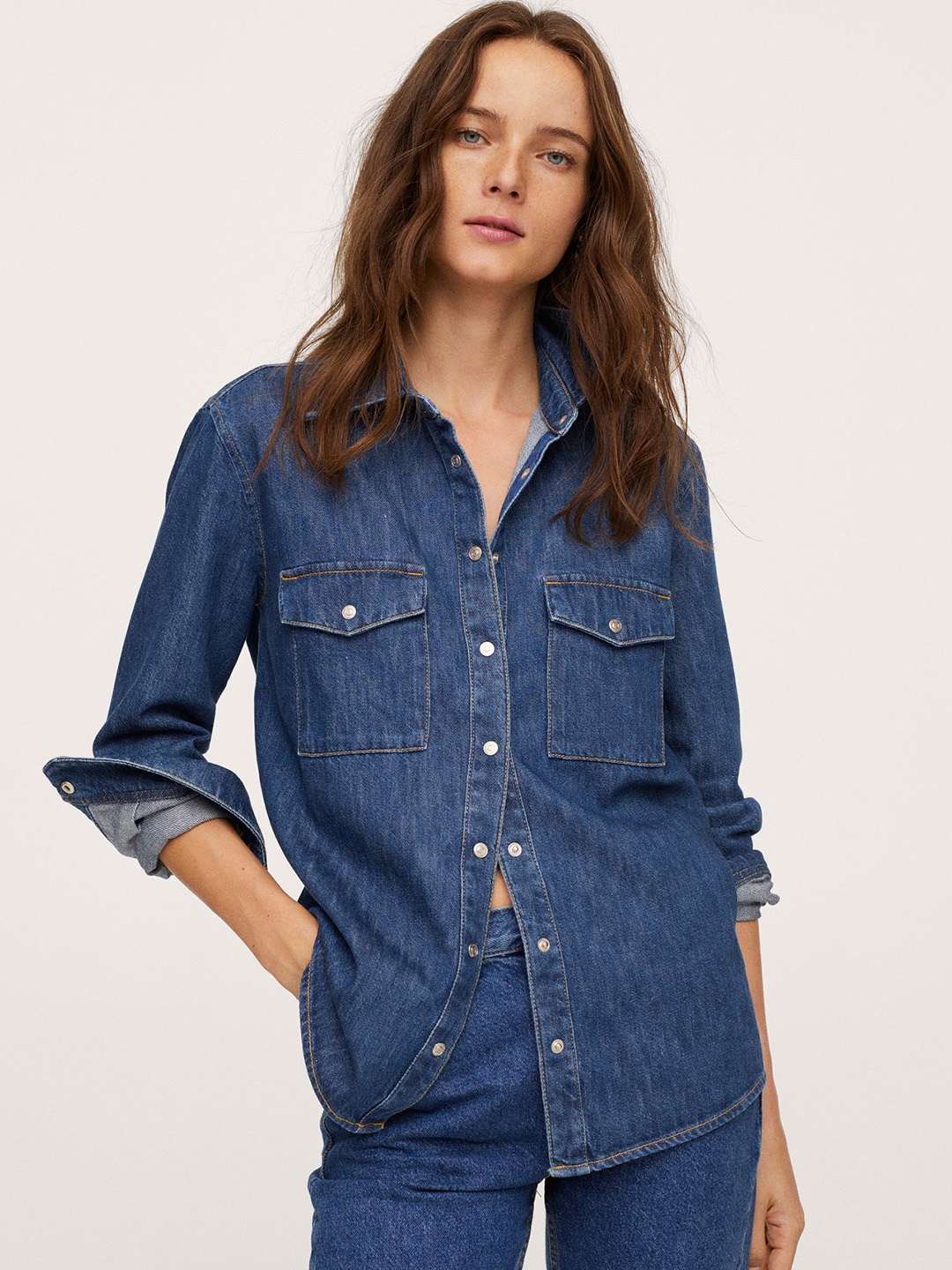 

MANGO Women Navy Blue Pure Cotton Solid Denim Shirt