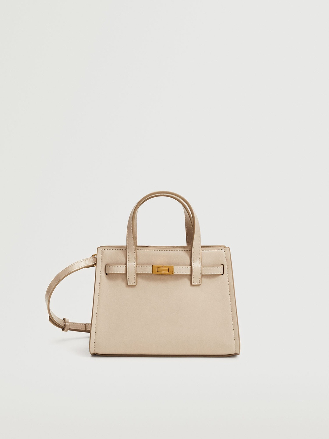 

MANGO Beige Solid Small Buckle Detail Structured Handheld Bag with Detachable Sling Strap