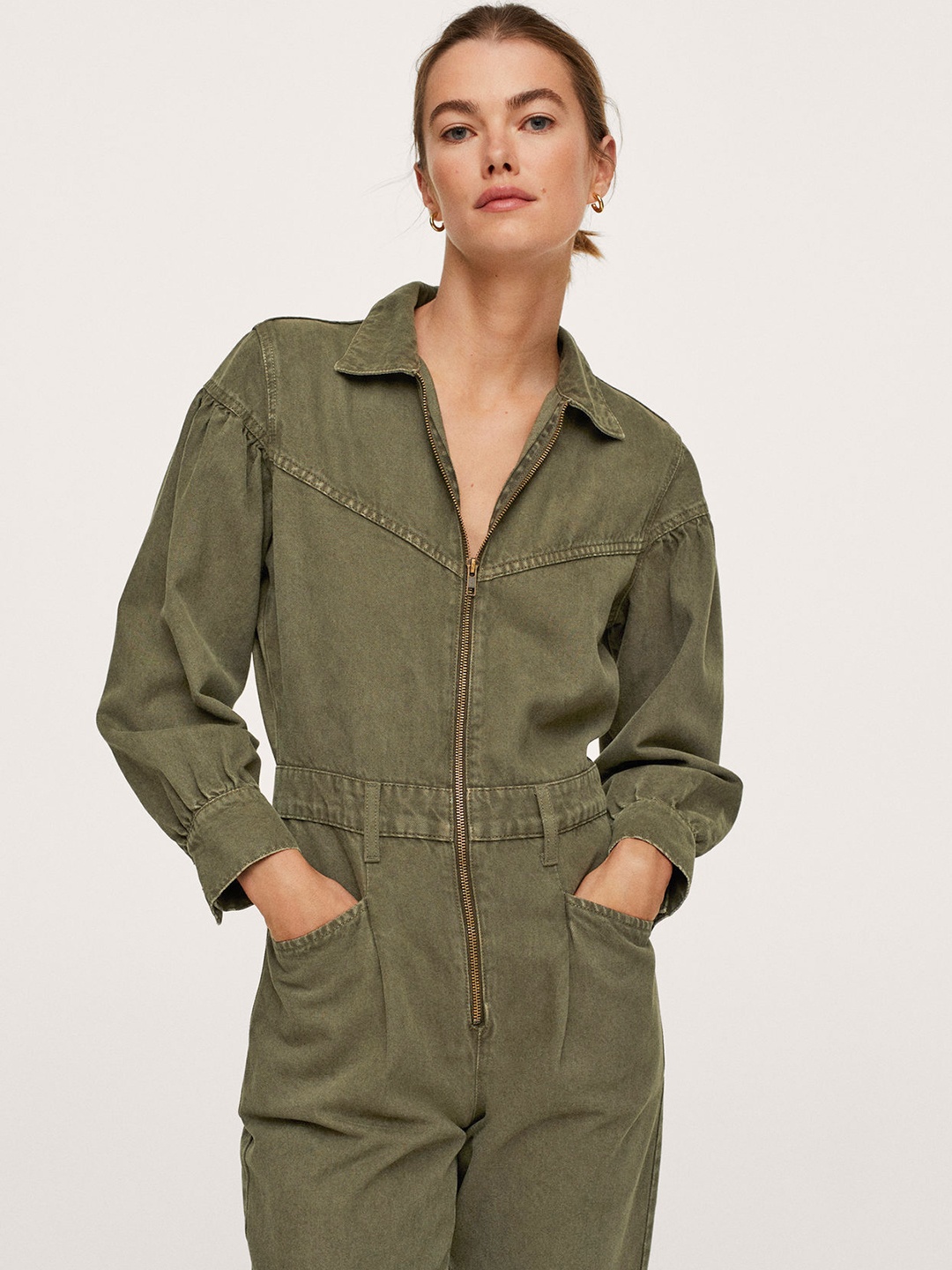 

MANGO Olive Green Solid Denim Jumpsuit