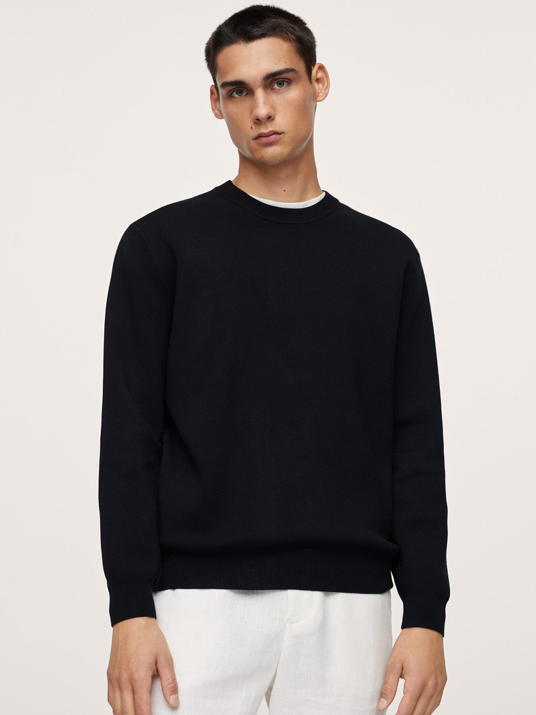 

MANGO MAN Navy Blue Solid Pullover