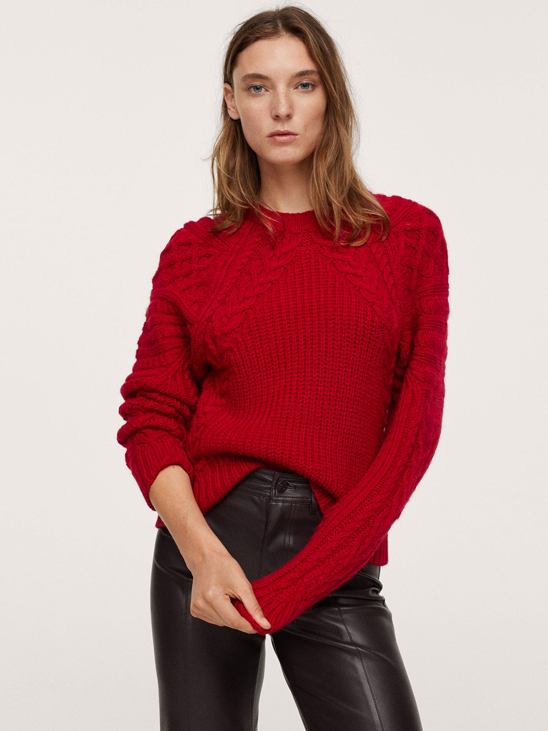 

MANGO Women Red Cable Knit Pullover