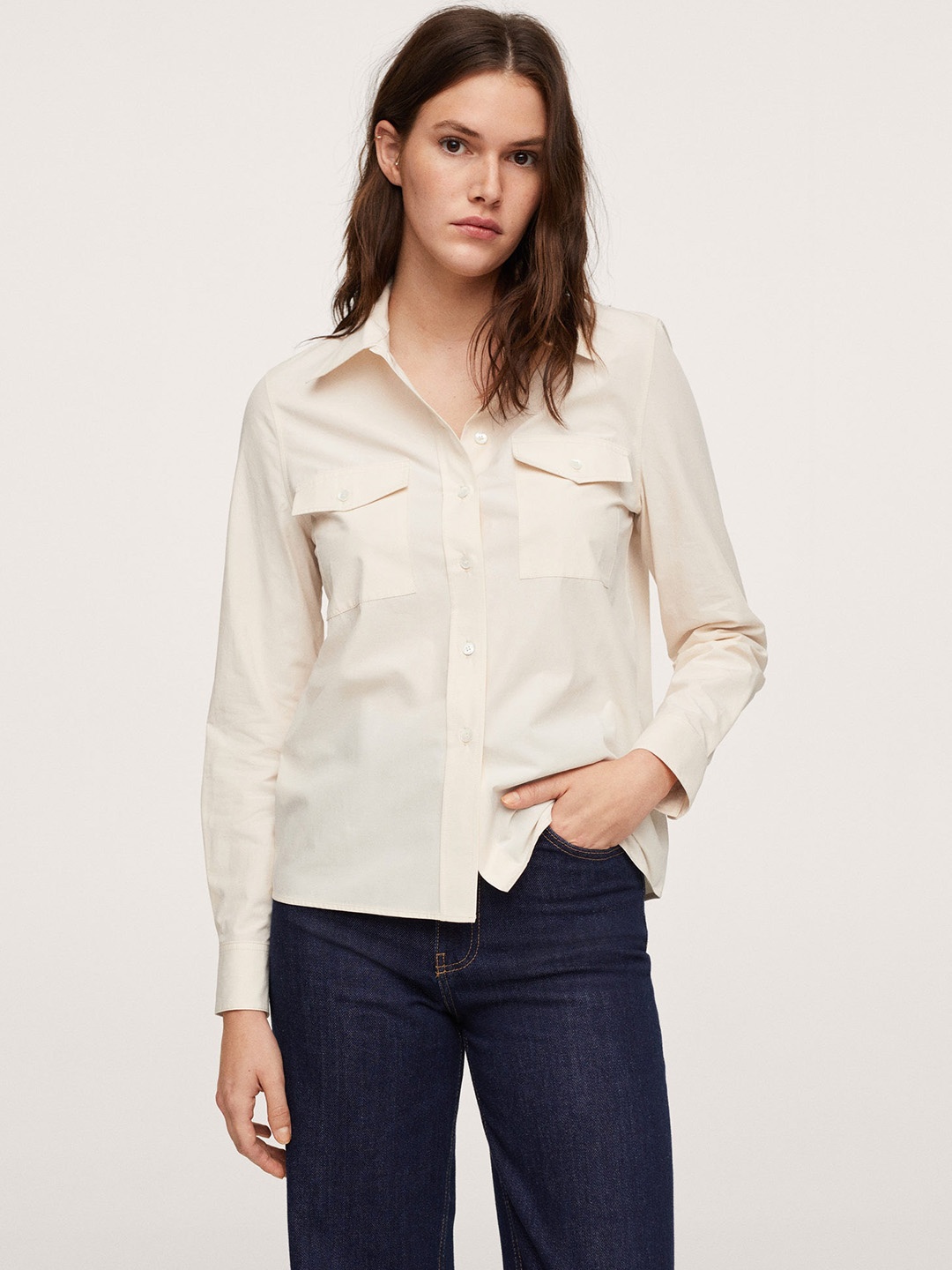 

MANGO Women Cream-Coloured Pointed Collar Solid Pure Cotton Casual Shirt